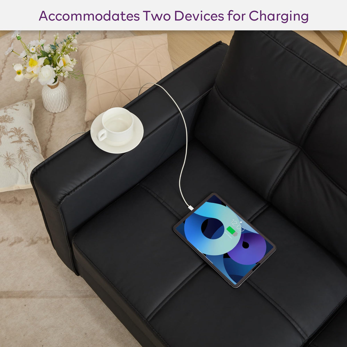 TYBOATLE 88" W Faux Leather Couches for Living Room w/Side Pockets, Mid-Century Modern Tufted Comfy Leather Couch w/USB and Wider Arms, 3 Seater Sofa for Office, Apartment, Bedroom, Black TYBOATLE