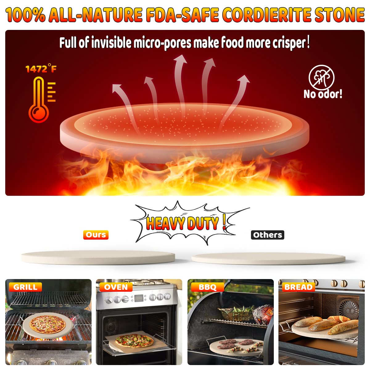 5 PCS Large Pizza Stone Set,Heavy Duty 16" Pizza Stone for Oven and Grill with Handle Rack,Pizza Peel(OAK), Pizza Cutter Rocker & Cooking Paper,Large Baking Stone for Pizza, Bread Gyreuni