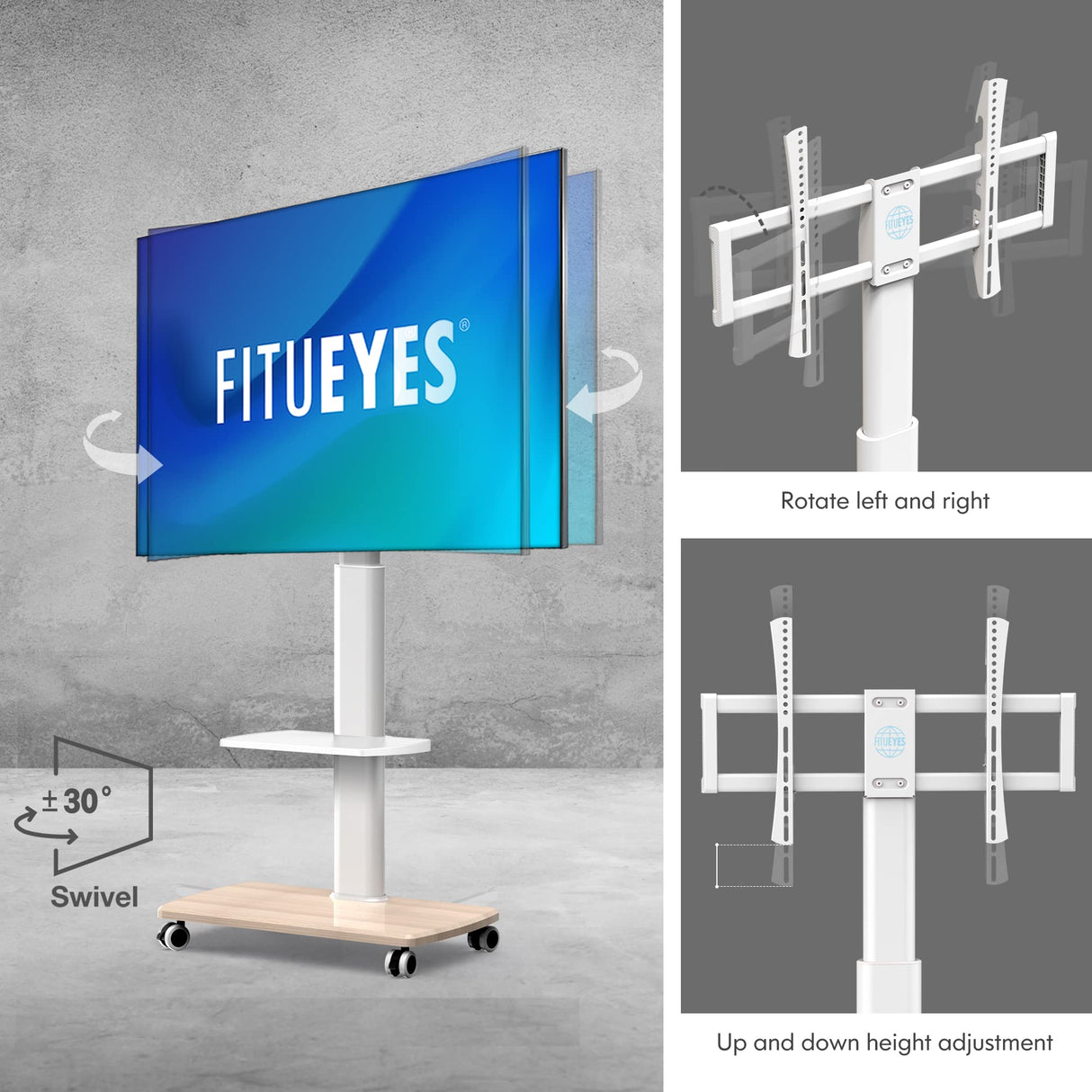 FITUEYES Rolling TV Stand, Mobile TV Cart on Wheels for 32-70 Inch Flat Screen TVs, Tall Floor TV Stand with Swivel Mount for Bedroom, Outdoor, Home Office, Small Dorm, White FITUEYES