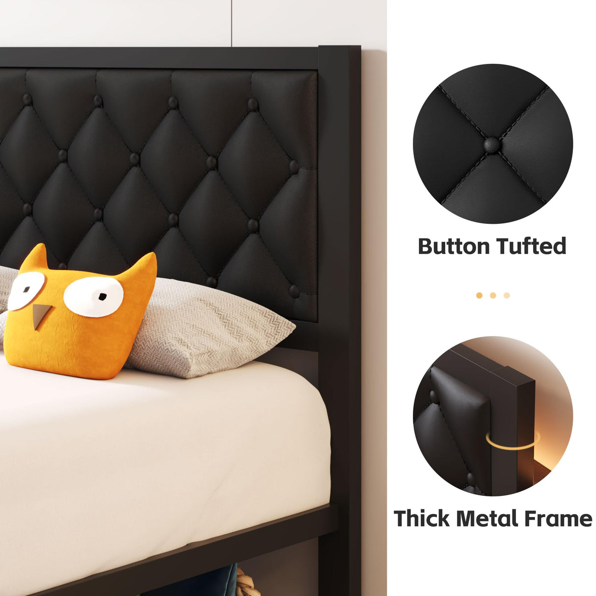 Fluest Twin Bed Frame with Headboard PU Leather Upholstered Bed Frame Platform,All Metal Slats Support Platform Bed Frame with Storage Space,Easy Assembly,Noise Free,No Box Spring Needed,Black Fluest