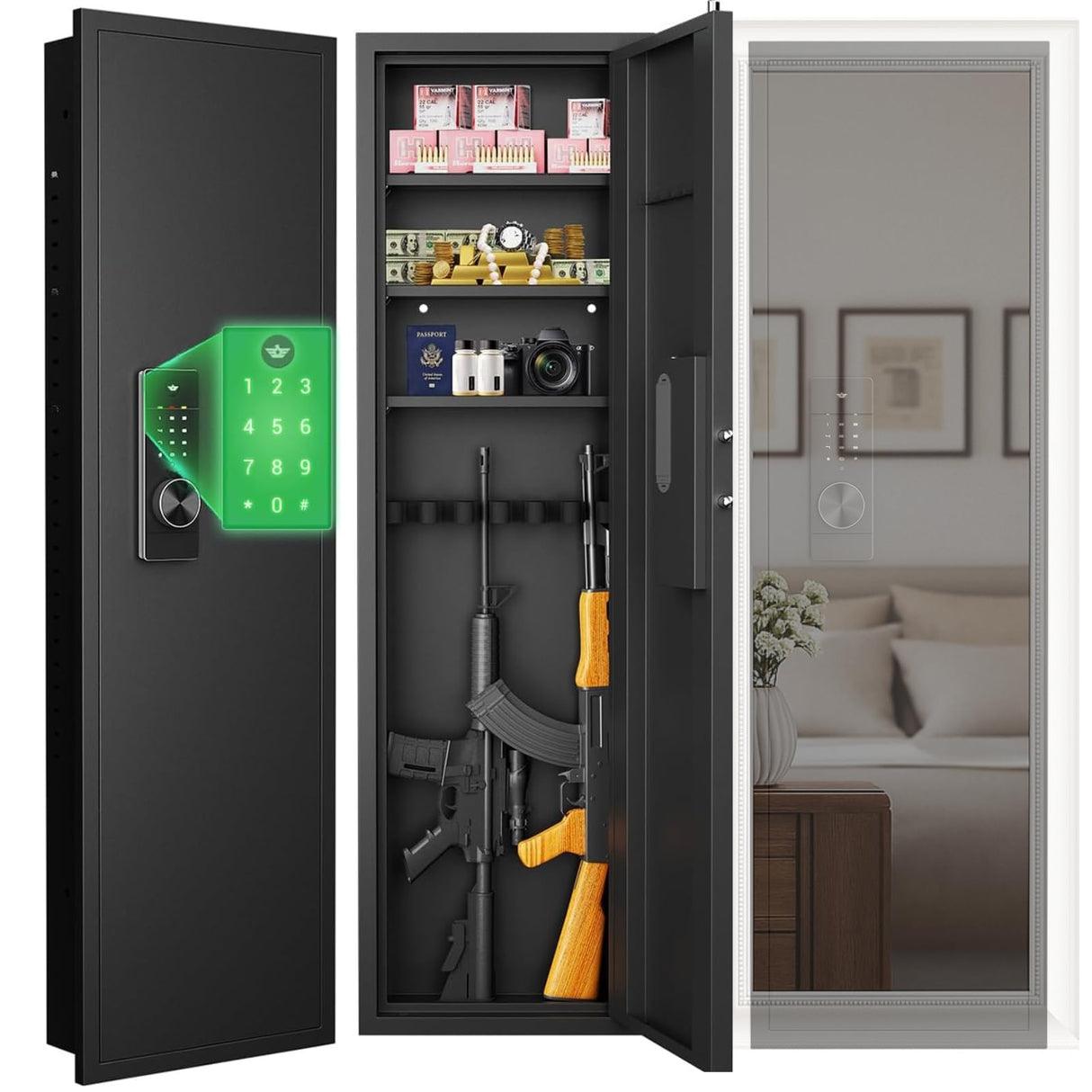 MyVoice 53" In-Wall Gun Safe Between Studs, Dual Alarm System Hidden Rifle Safe with Electronic Touchscreen Lock, 19-Gauge Steel for Concealed Firearm Storage, Silent Mode Home Defense, Quick-Access MyVoice