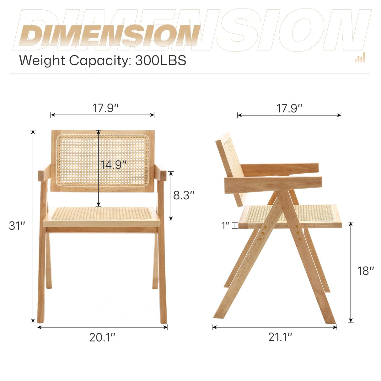 KCC Rattan Dining Room Chairs Set of 4, Comfy Modern Solid Wooden Boho Cane Kitchen Armchairs with Breathable Mesh Rattan Back and Seat for Restaurant/Kitchen/Living Room(Natural) KCC