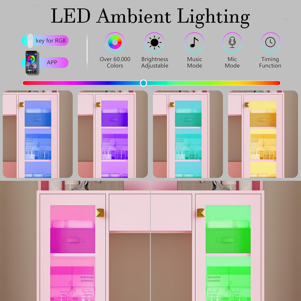 Thacuok Small Vanity Desk with Mirror and Lights,Makeup Table with Charging Station & RGB Storage Cabinet,Large Drawer & Storage Shelves,Girls Vanity,Bedroom Dressing Table,Pink Thacuok
