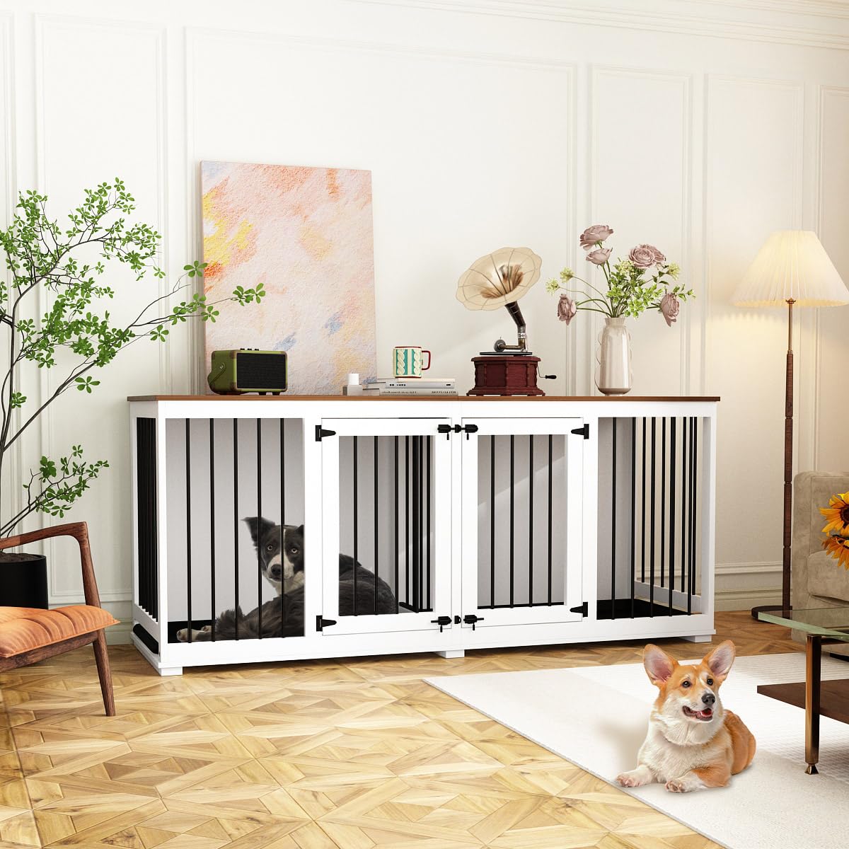 DAWNSPACES Dog Crate Furniture 71" Heavy Duty Wooden Large Dog Kennel with Trays, Removable Divider, Indoor Furniture Style Dog Crate House W/Double Rooms for Large Medium Small Dogs, White DAWNSPACES
