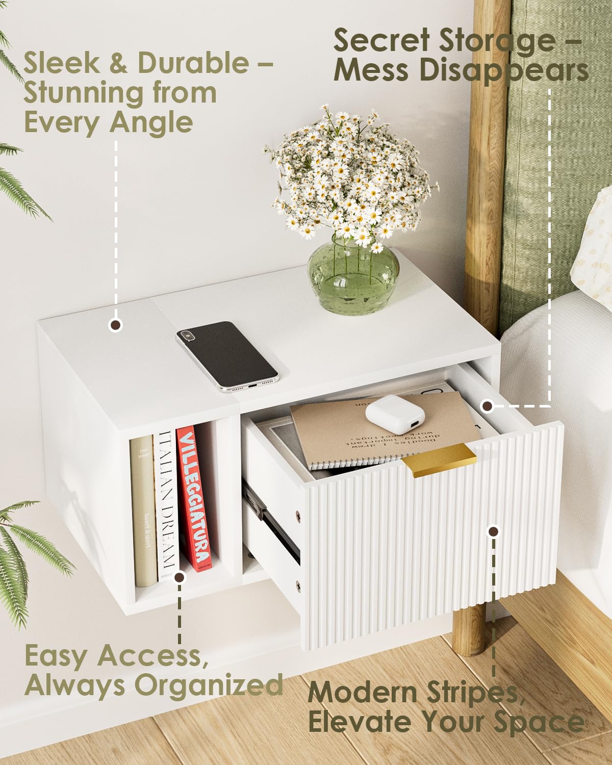 Masupu Floating Nightstand, Wall Mounted Floating Bedside Table with Storage Drawer and Open Shelf, Modern Bedroom Nightstand, 19.3" x 11.4" x 10", White Masupu