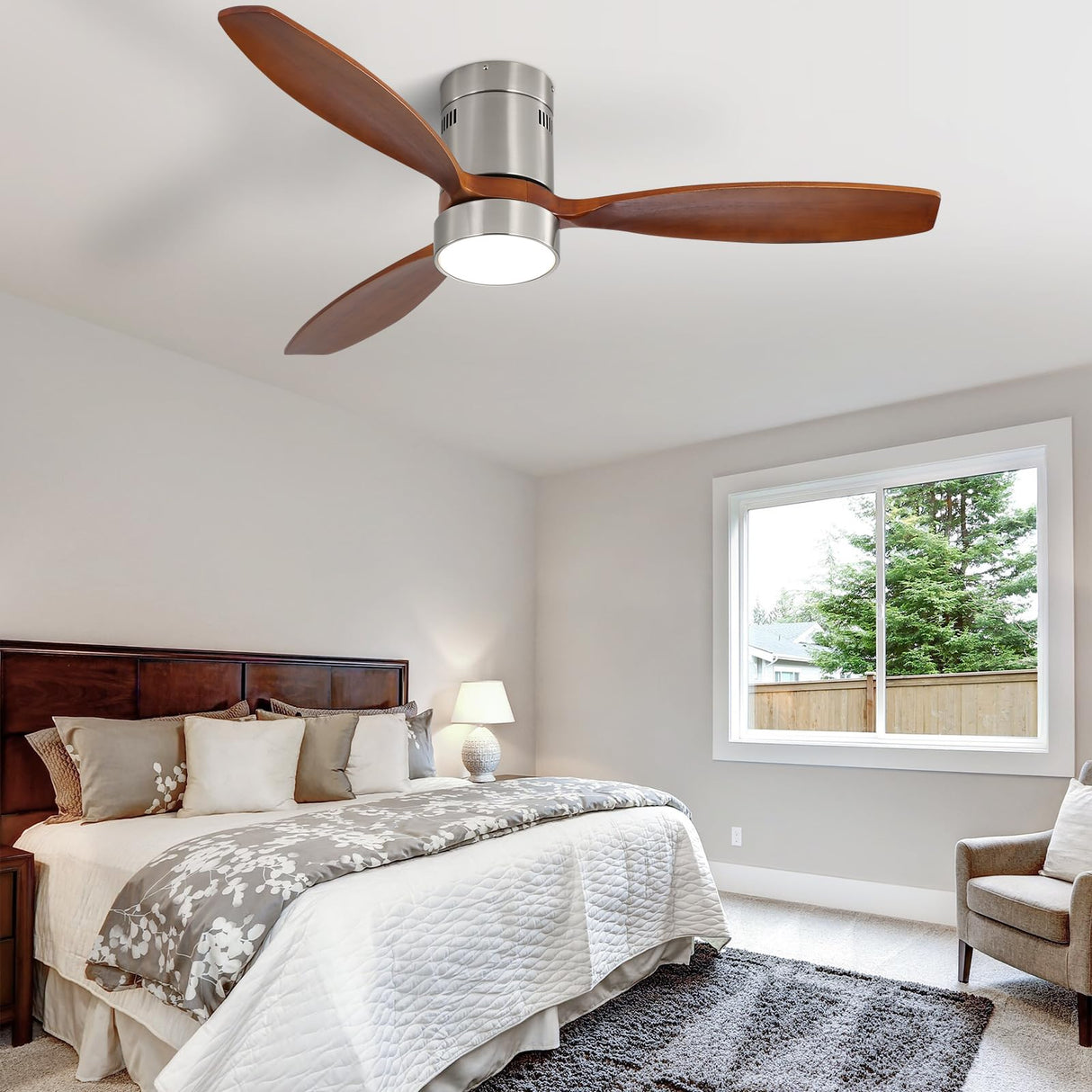 Sofucor 52 Inch Low Profile Ceiling Fan with Lights Remote Control Wood Blades Reversible DC Motor Modern Ceiling Fan for Kitchen, Bedroom, Basement, Dining, Living Room, Dark wood Sofucor