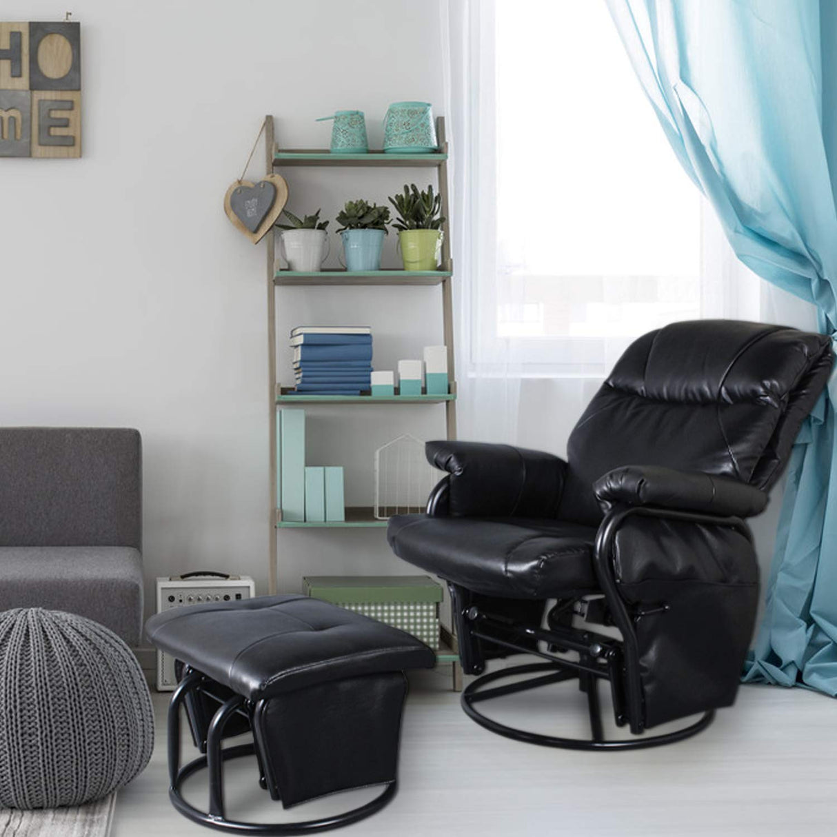 JIASTING Recliner Chair with Ottoman Living Room Chairs Faux Leather Glider Chair 360 Degree Rotation Leisure and Relaxation Furniture (Black) JIASTING