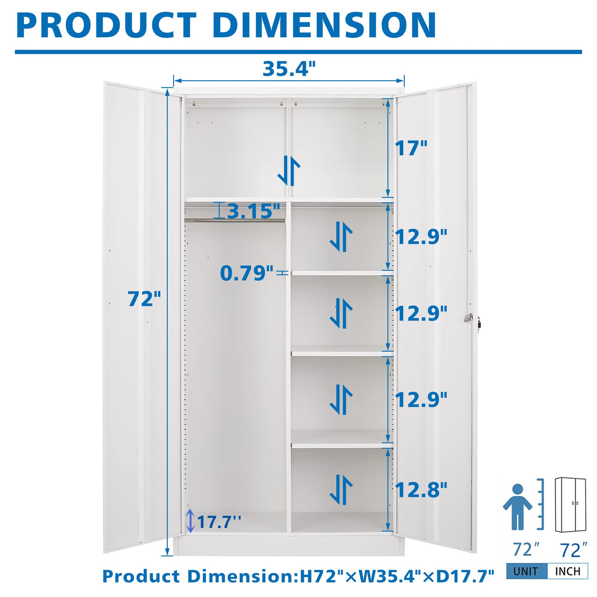 BYNSOE Metal Storage Locker Cabinet, Metal Locker 72” White Tall Steel Wardrobe, Employees Locker with Hanging Rod Shelves and Lockable Doors for Home,School,Office-Assembly Required (White-Style 3) BYNSOE