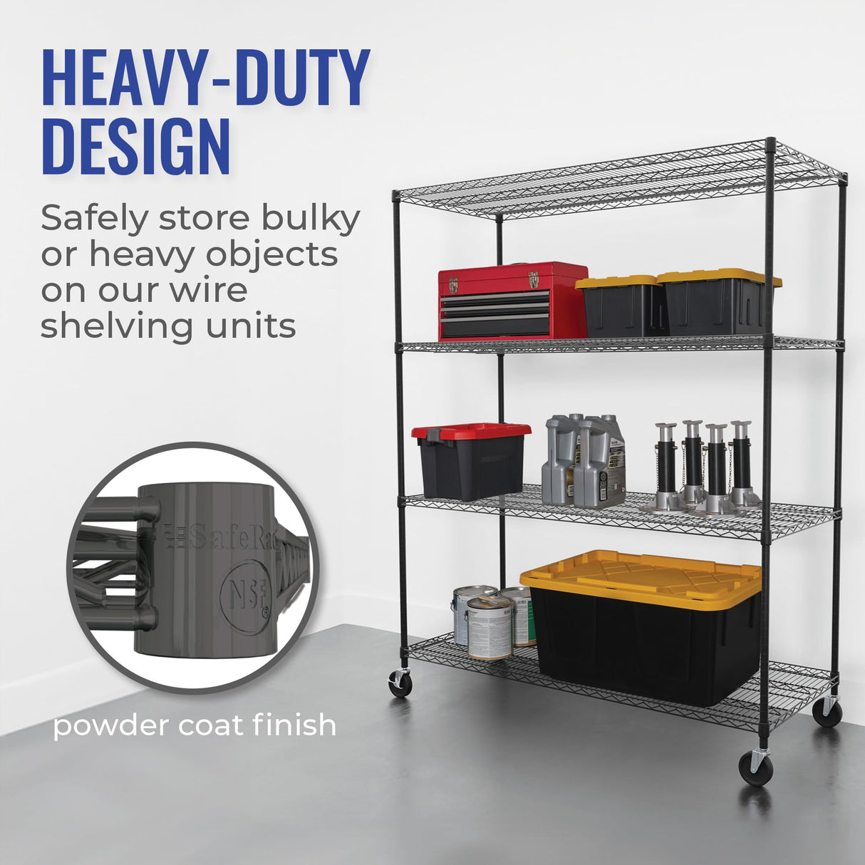 Heavy-Duty Black Steel Wire Shelving Unit with Wheels - 4-Tier NSF Certified Storage Rack (24"x60"x72") SafeRacks