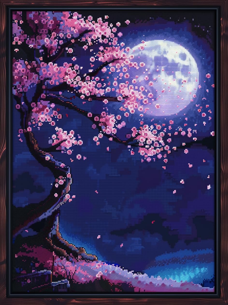 Cherry Blossom Tree Under Moonlight DIY 5D Diamond Paint Kits for Adults Round Full Drill Diamond Art Painting Easy for Beginner Gems Cross Stitch Mosaic Craft for Home Decor 12x16inch(1) Generic