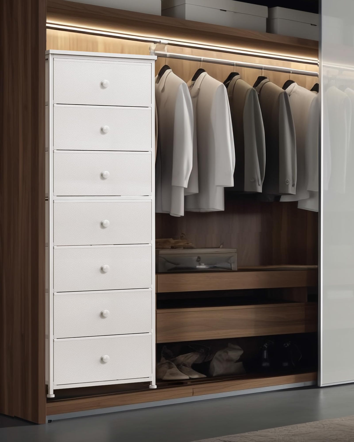 Mifuro Tall Fabric Dresser for Bedroom, Vertical Storage Organizer Tower with 7 Drawers, Chest of Drawers with Fabric Bins, Steel Frame, Wood Top for Bedroom, Closet, Entryway- White Mifuro