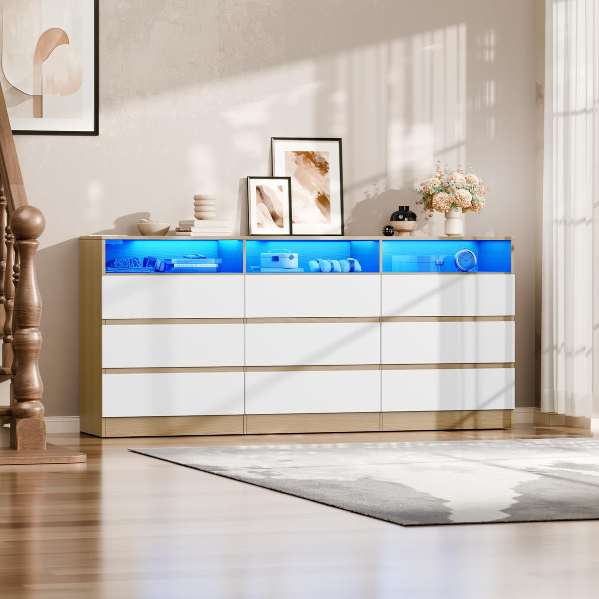 STIKELY 9 Drawer Dresser for Bedroom with Power Outlet and LED Light, Dresser Chest of Drawers for Closet, Modern Dressers Organizer Cabinet for Living Room, Entryway, Hallway STIKELY