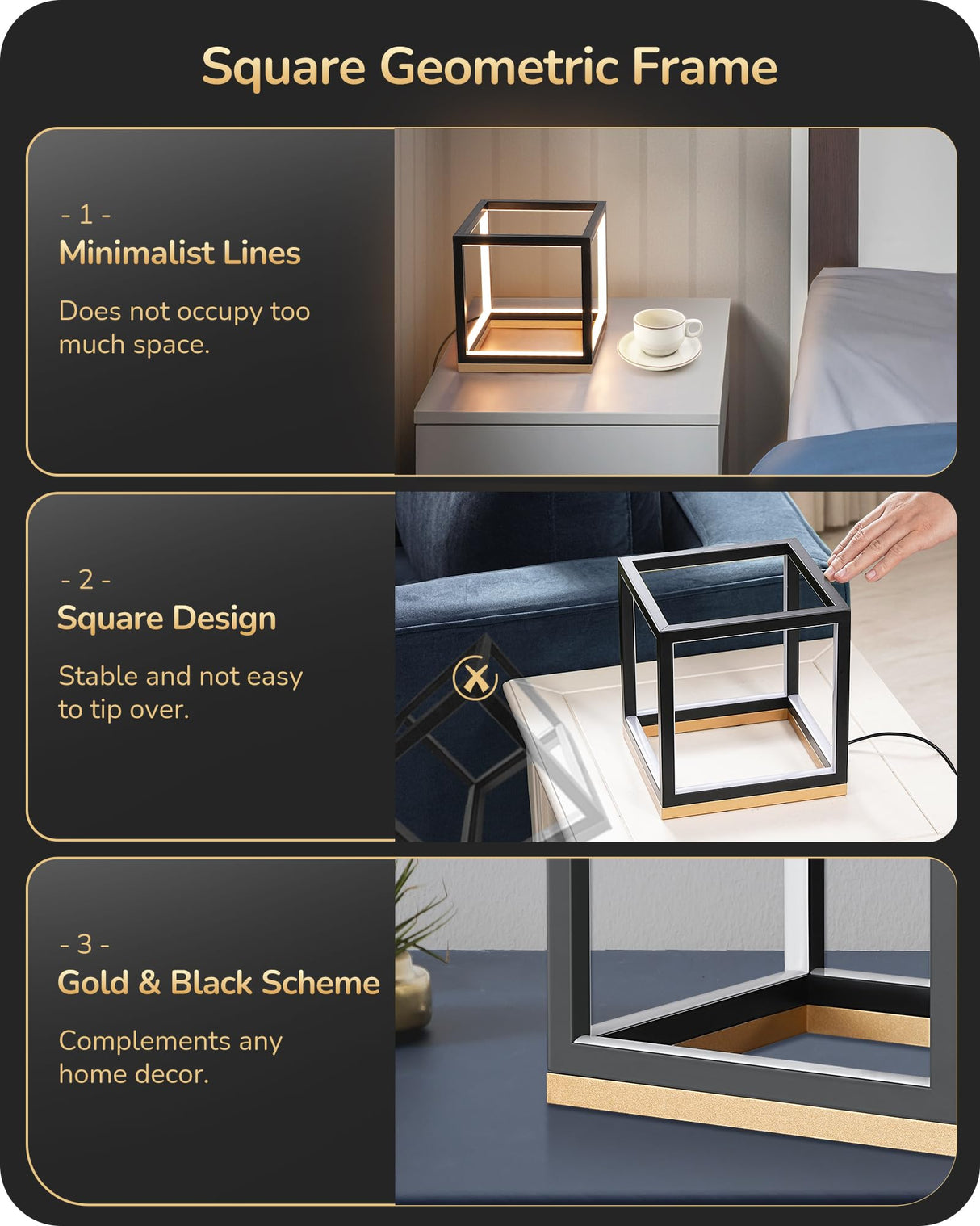 EDISHINE Modern LED Table Lamp, Minimalist Bedside Lamp with Solid Wood Base, 3 Way Dimmable, 3000K/4500K/6000K, 470LM, Black Gold Square Geometric Nightstand Lamp for Living Room, Bedroom, Office EDISHINE