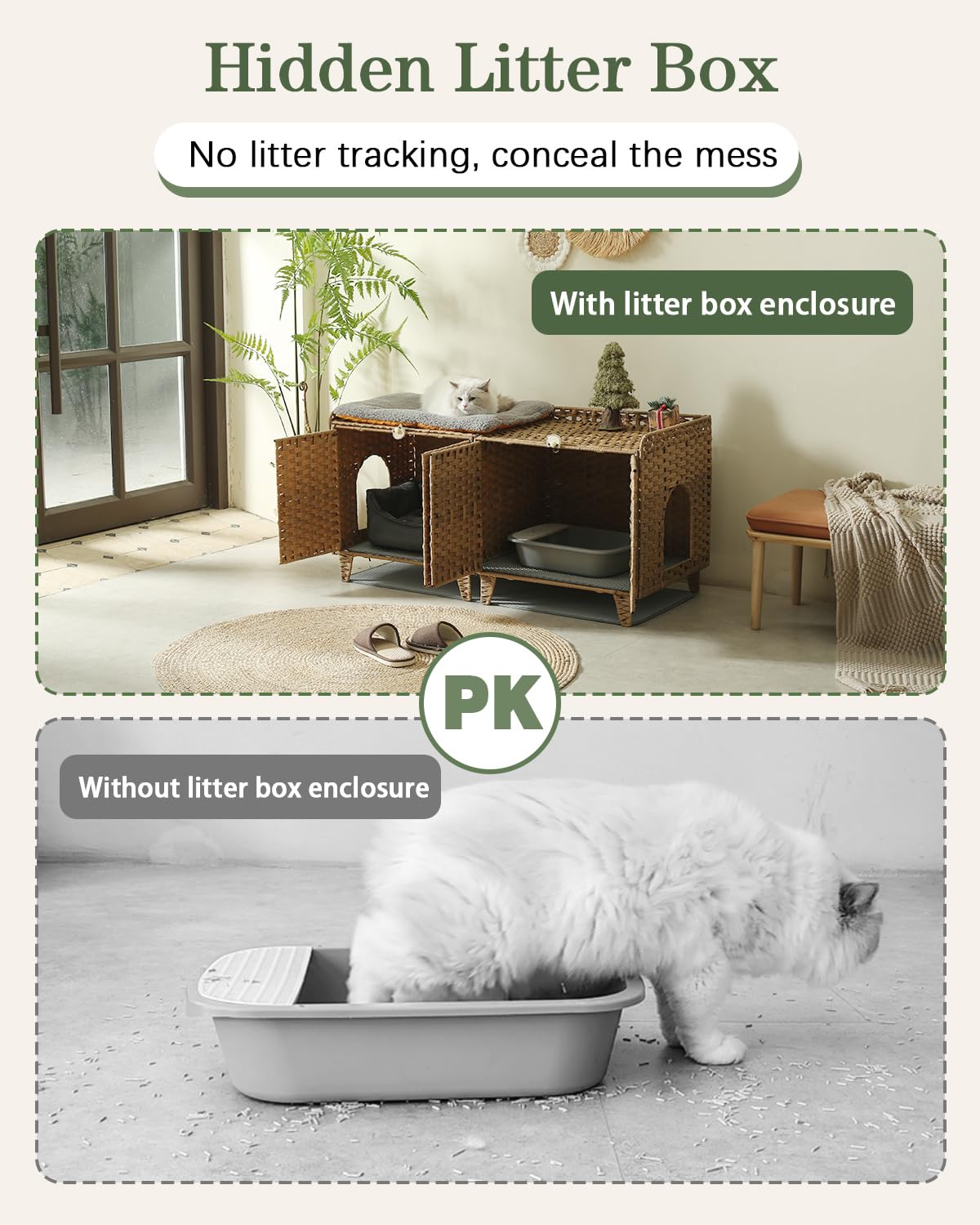 SETVSON Cat Litter Box Enclosure for 2 Cats, Double Litter Box Furniture with Litter Mat, Large Rattan Hidden Kitty Cat House with Double Room and Doors, 2 S-Shaped Hooks, 2 Inch Fence Natural SETVSON