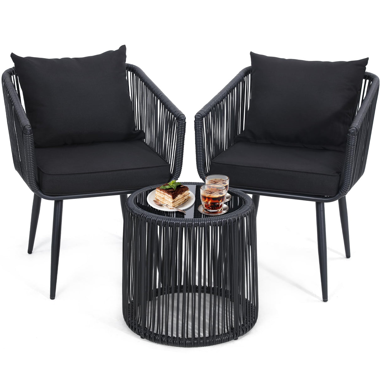 Kromax 3 Pieces Patio Rattan Bistro Conversation Set, Outdoor All-Weather Wicker Furniture Chairs and Side Table Set Ideal for Balcony, Porch and Backyard, Black Kromax