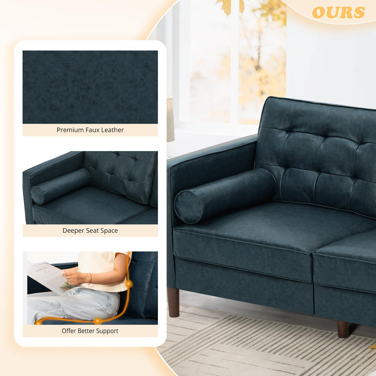 ACMEASE 67" Premium Faux Leather 2-Seater Sofa with 2 Bolster Pillows and Tufted Backrest, Mid-Century Modern Loveseat Sofa, Luxury Couch for Living Room, Bedroom, Office, Blue ACMEASE