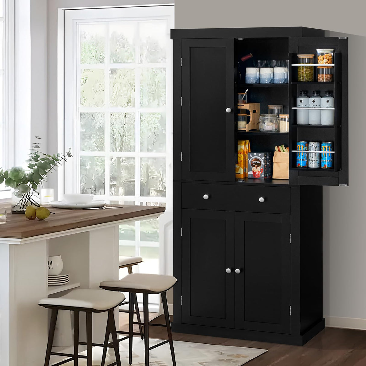usikey 72” Kitchen Pantry Cabinet, Tall Storage Cabinet with 4 Doors and 1 Drawer, Freestanding Cupboard with 6 Hanging Shelves and Adjustable usikey