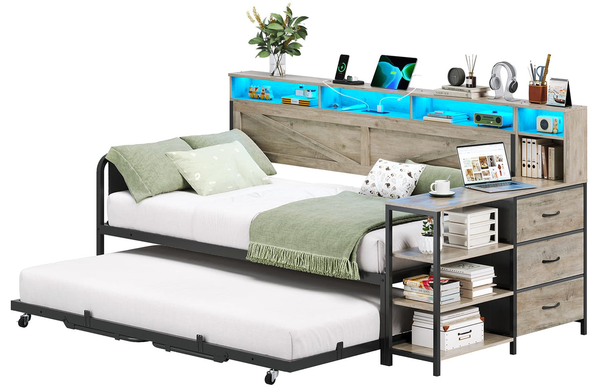VIAGDO Daybed Twin with Pop Up Trundle, Farmhouse Wooden Day Bed Frame with 3 Storage Drawers and Shelves, Twin to King Daybed with Charging Station and LED Lights for Bedroom, Guest Room, Grey VIAGDO