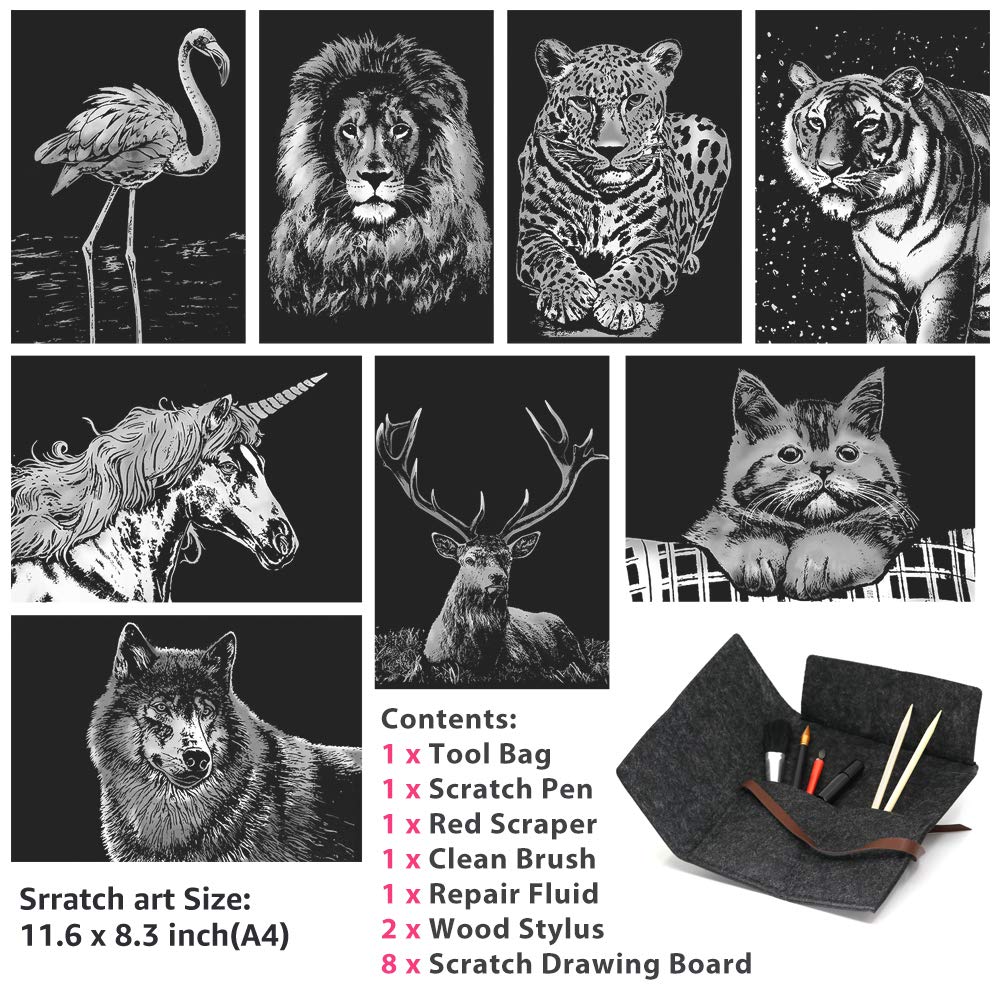 Scratch Art Paper(A4) for Kids & Adults, Rainbow Painting Night View Scratchboard, Art Craft, Crafts Set: 8 Sheets Scratch - Unicorn/Flamingo/Cat/Deer/Tiger/Leopard/Lion/Wolf & 6 Tools (Animal World) M MUGIT
