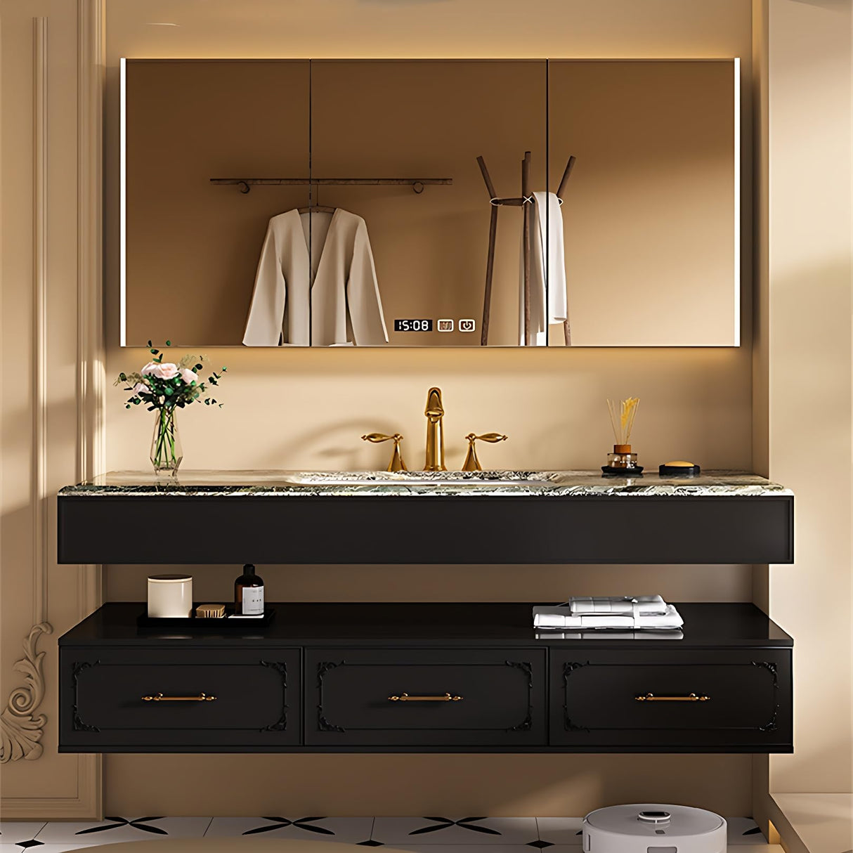 Bathroom Vanity with Sink - Single Sink Bathroom Vanity & Smart Mirror Cabinet Set, Floating Vanity Design with Bathroom Sink Cabinet, Stylish Bathroom Vanity Cabinet for Modern Bathrooms (Black, 60") ZGNBSD