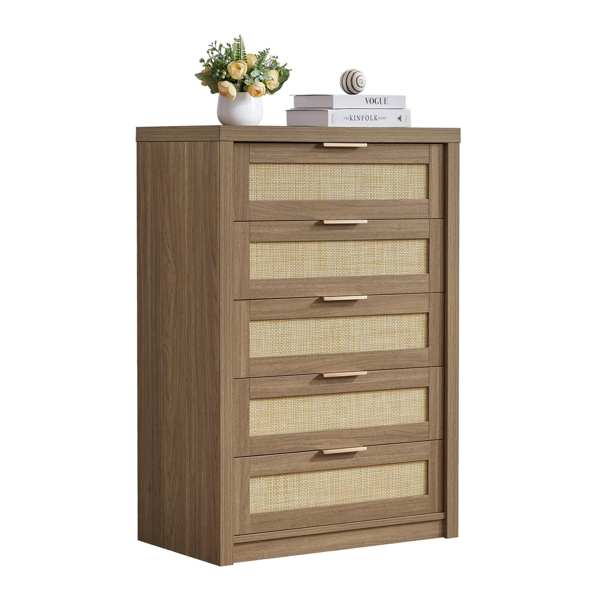 OAKHAM HOME 5 Drawer Rattan Dresser Storage Cane Cabinet, Modern Closet Dressers Chest of Drawers, Wooden Chest of Drawers Dresser for Bedroom, Entryway,Living Room, Special Walnut OAKHAM HOME