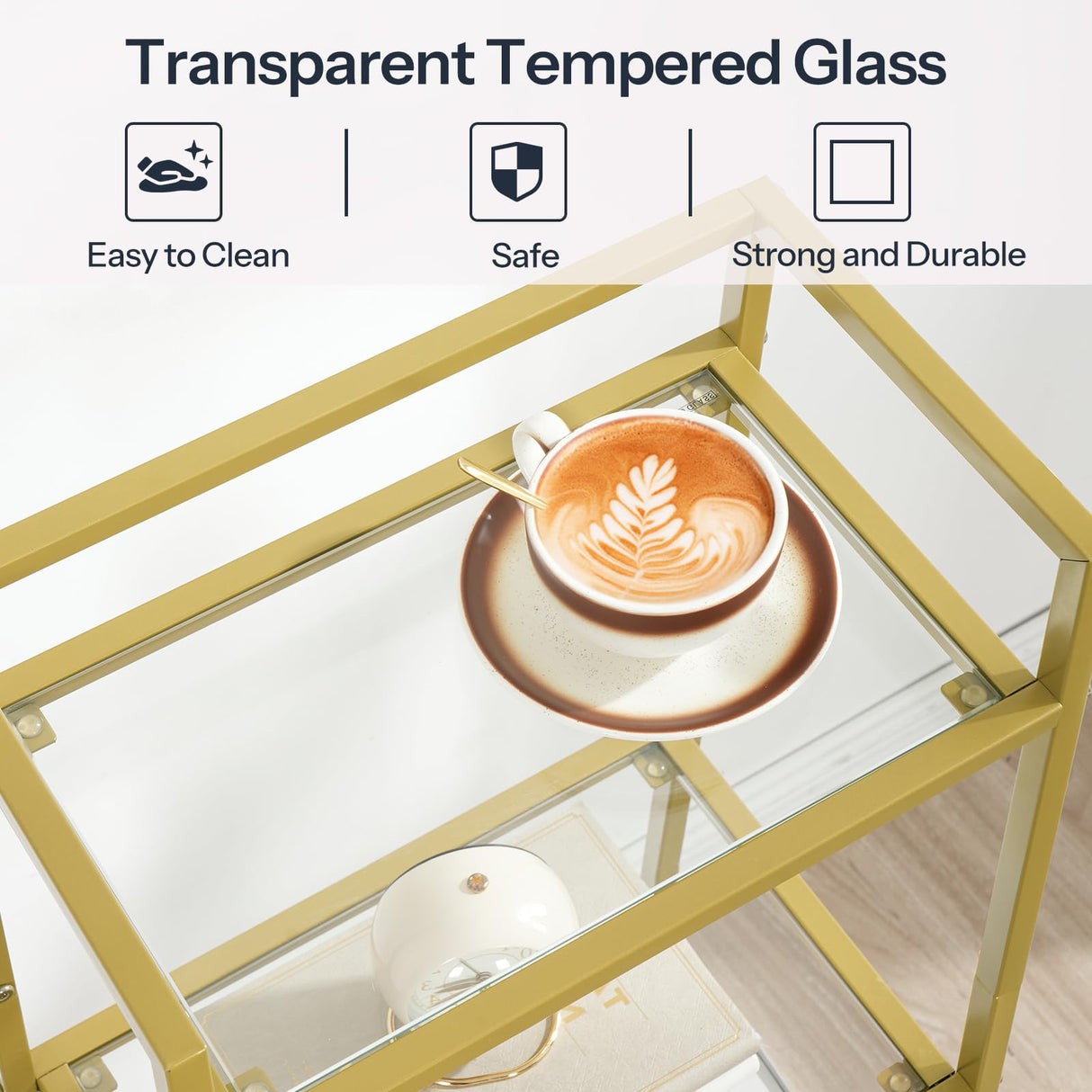 HOOBRO Gold Glass Shelf Stand, 4 Tier Standing Shelf Unit, Bathroom Organizer and Storage, Floor Storage Shelves Waterproof, for Bathroom, Laundry, Toilet, Tempered Glass, Gold GD79CJ01