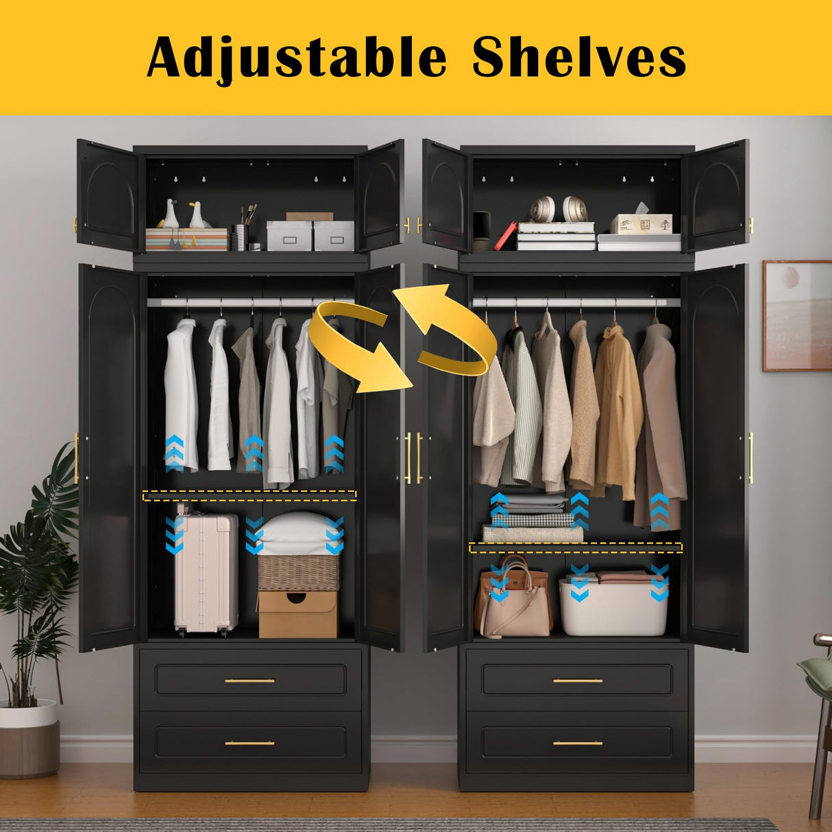 SteeLoong 86" Metal Armoire Wardrobe Closet with 2 Drawers,Tall Clothing Storage Cabinet with Adjustable Shelves and Hanging Rod,Black Wardrobe Closet for Bedroom,Home,Office,Gym SteeLoong