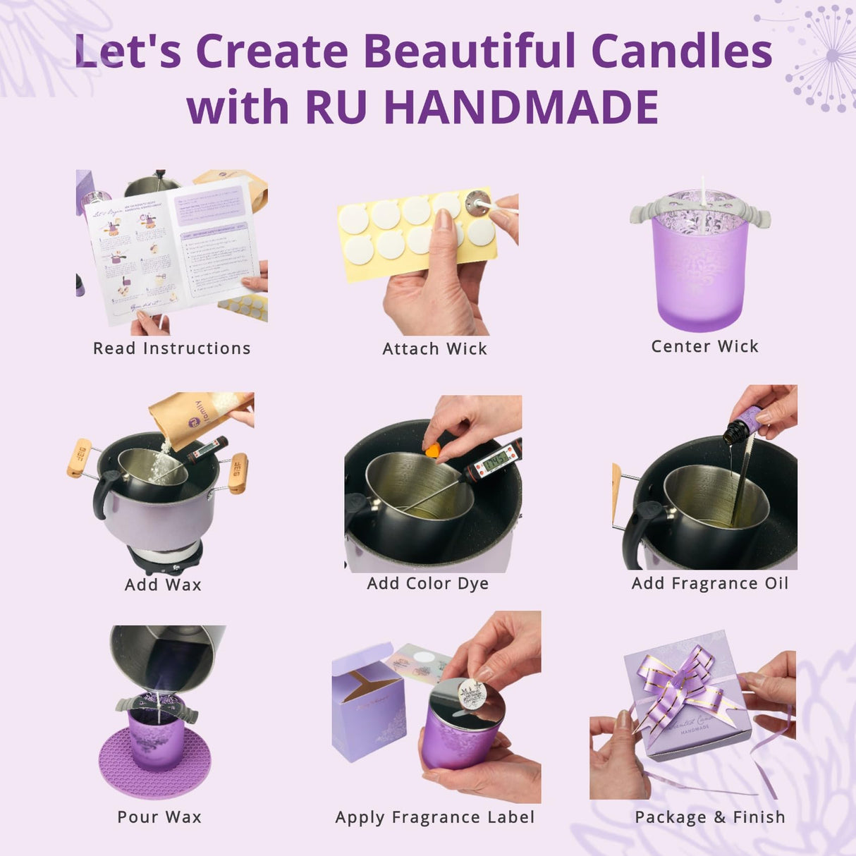 RU HANDMADE Candle Making Kit for Adults Beginner with Engraved 4x7oz Glass Jars&3 Tins, Candle Kit, 7 Pleasant Scents, Complete DIY Supplies Set with Soy Wax, Color Dye, Wick, Perfect for Home Craft RU HANDMADE