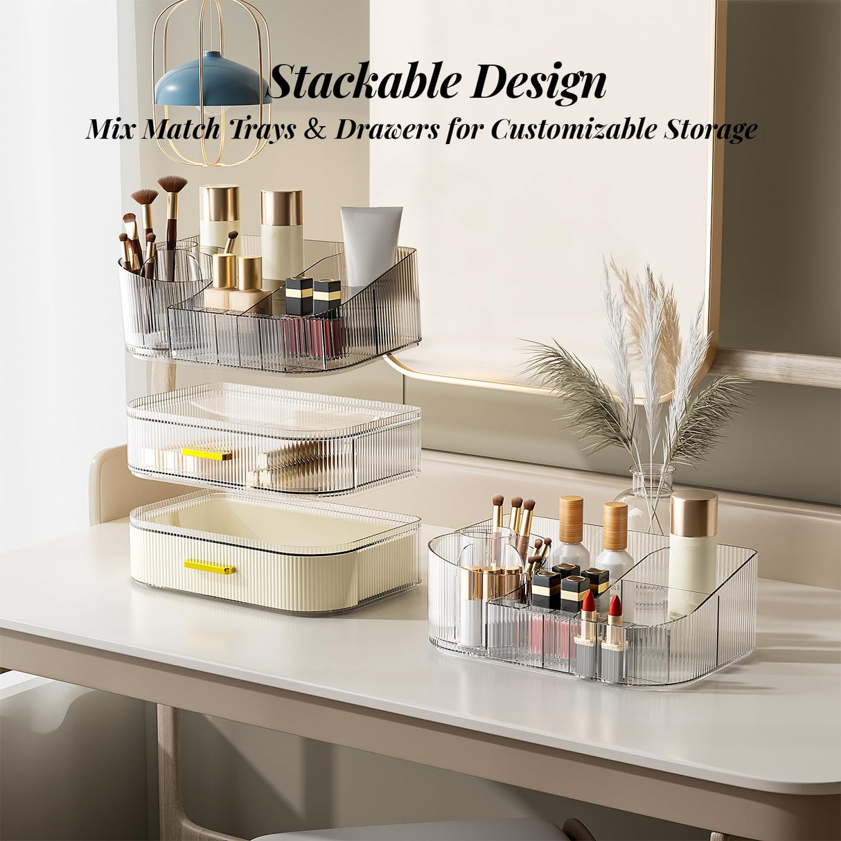 Delamu Makeup Organizer for Vanity with Stackable Drawers, 360 Rotating Makeup Brush Holder Large Cosmetic Display Case for Dresser, Bathroom Countertop Skincare Organizers and Storage, Elegant White Delamu