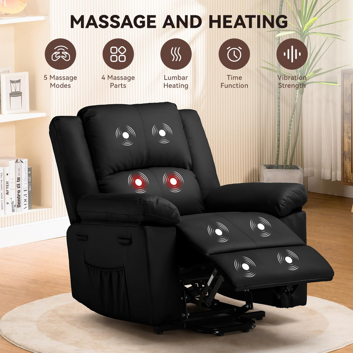 COMHOMA Power Lift Recliner for Elderly, Lift Chair with Heat and Massage,PU Recliner Sofa with 2 Side Pockets and Infinite Position for Living Room, Black COMHOMA
