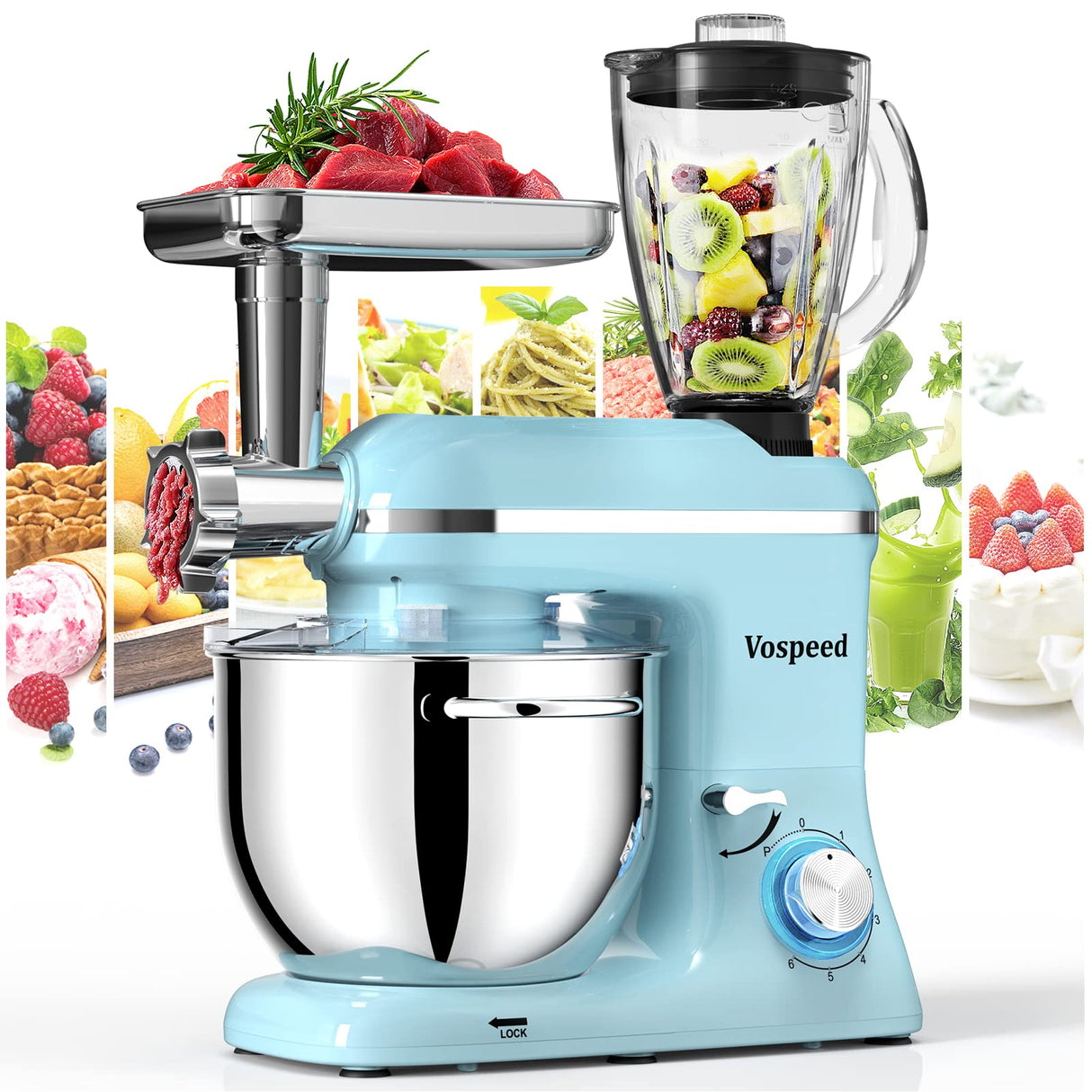 Vospeed 9 IN 1 Stand Mixer, 850W Tilt-Head Multifunctional Electric Mixer with 7.5 QT Stainless Steel Bowl, 1.5L Glass Jar, Meat Grinder, Hook, Whisk, Beater Dishwasher Safe (Blue) Vospeed