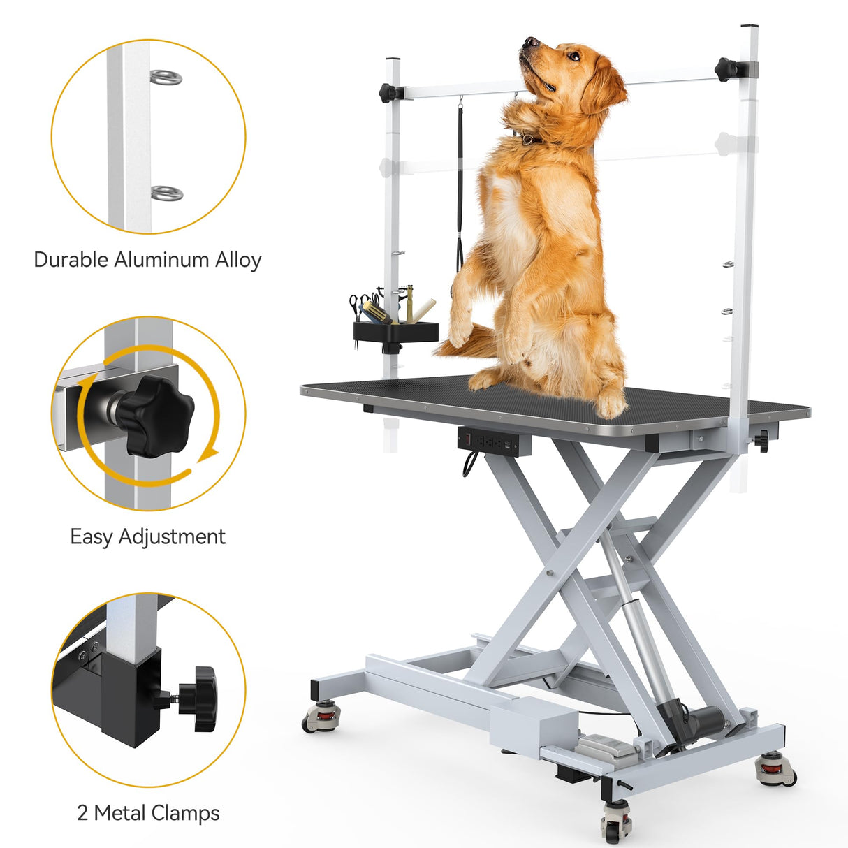 DWVO 49'' Electric Dog Grooming Table, Heavy Duty Adjustable Pet Grooming Table w/Leveling Wheels, Grooming Arm, Anti-Slip Top & Tool Organizer, Professional Dog Grooming Station (White, 49inch) DWVO