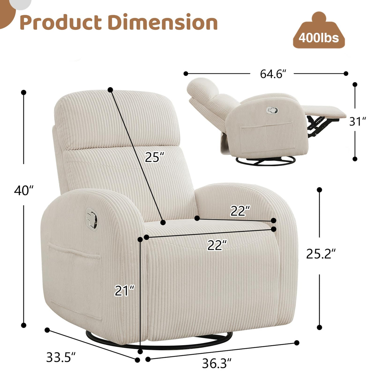 AEMEIOS Swivel Recliner Rocker Nursery, Nursering Glider Recliner, Manual Swivel Rocking Reclining with Double Pockets for Living Room, Corduroy Cream White AEMEIOS