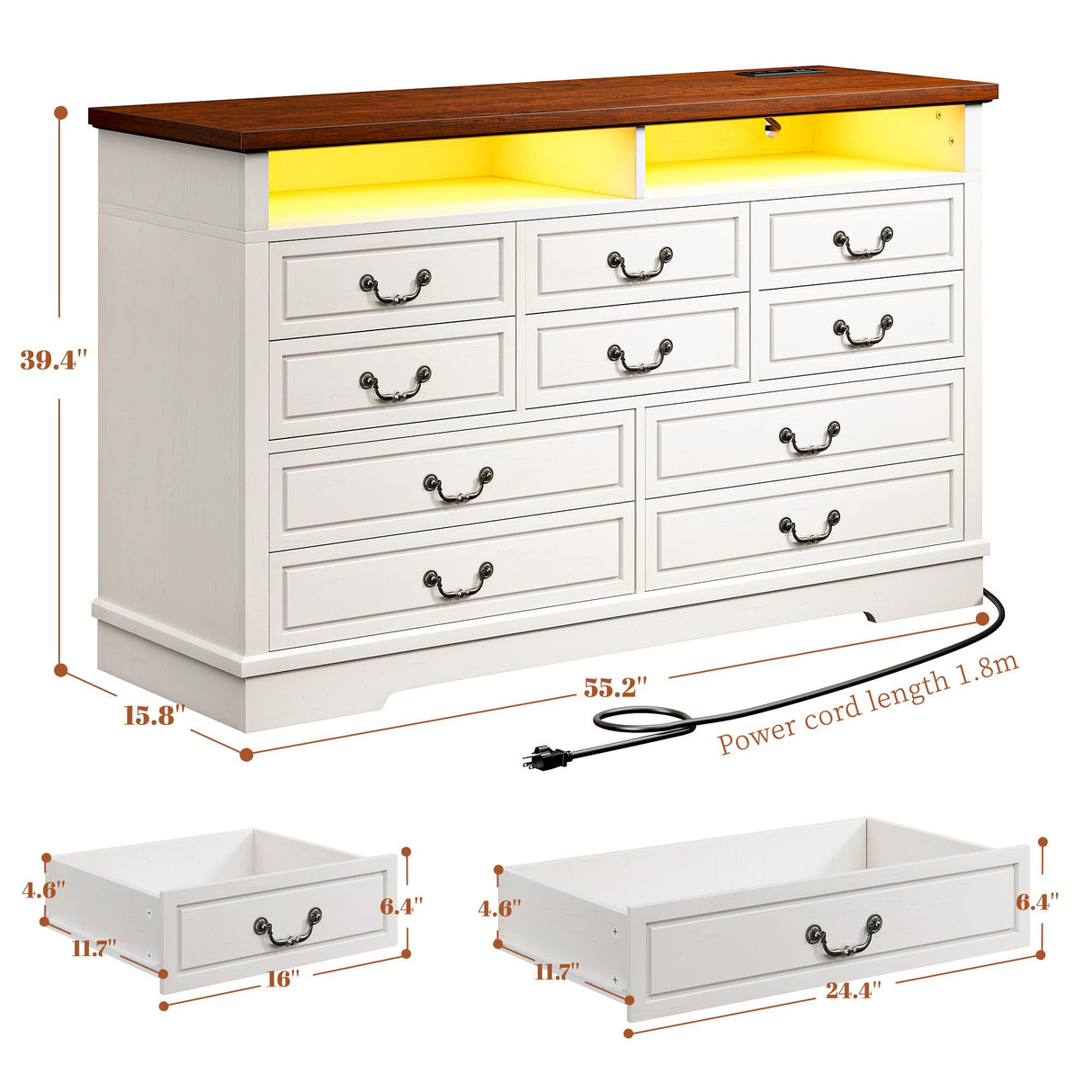 EnHomee Farmhouse Dresser with LED & Power Outlet 55.2''W Wood Dresser for Bedroom White 10 Drawers Dresser Vintage Dressers & Chests of Drawers Dresser TV Stand, Hallway, Antique White EnHomee