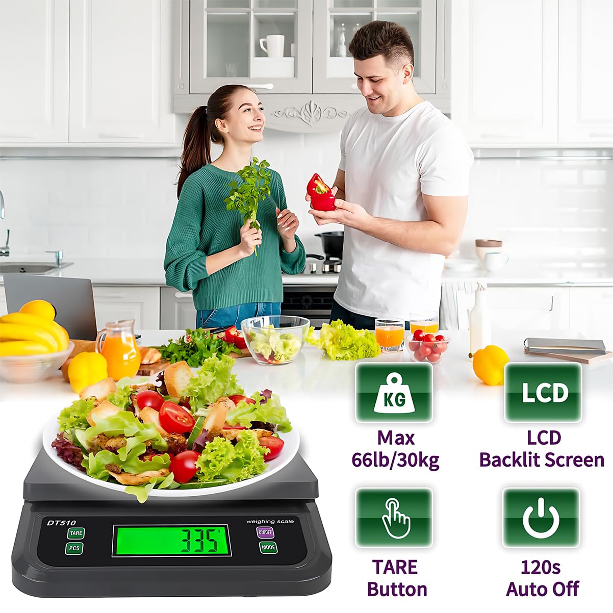 66LB 30kg Large Digital Kitchen Scale Food Scale for Baking Cooking Bread Meat Scales with Tare and Prep Counting LCD Display with Adapter, 6 Unit (Grey, 30kg) LNXDMWMS