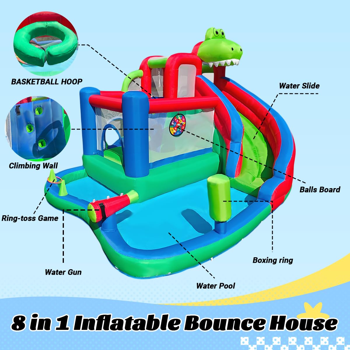 Large Dinosaur Inflatable Bounce House with Water Slide for Kids, Bouncy Castle, Splash Pool, Basketball Hoop, Climbing Wall, Air Blower, Outdoor Backyard Fun SkyGiggles