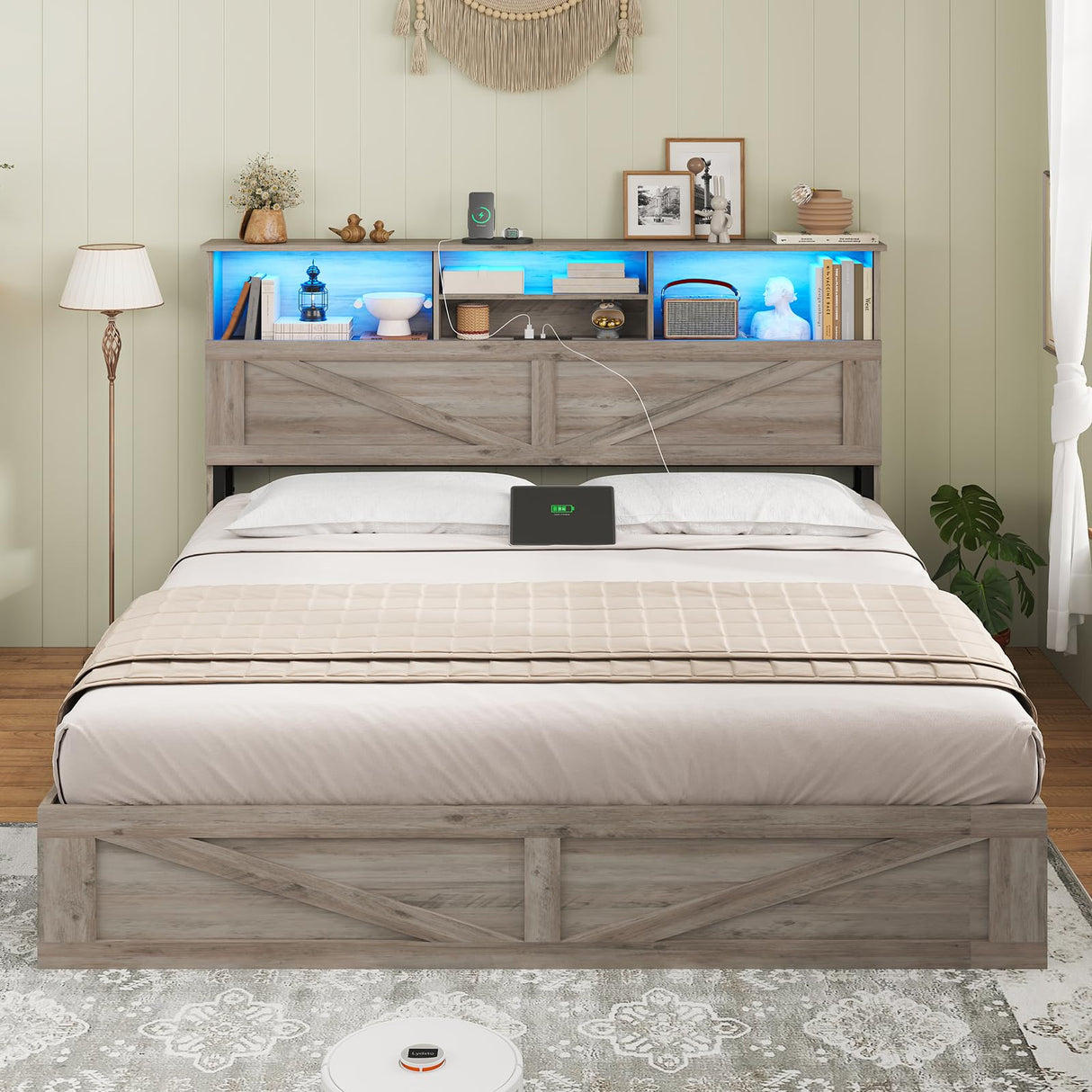 AOGLLATI Farmhouse Full Size Bed Frame with 4 Storage Drawers and Charging Station, Wooden Full Bed Frame with Hidden Space Bookcase Headboard and Led Lights & Metal Slats, Gray AOGLLATI