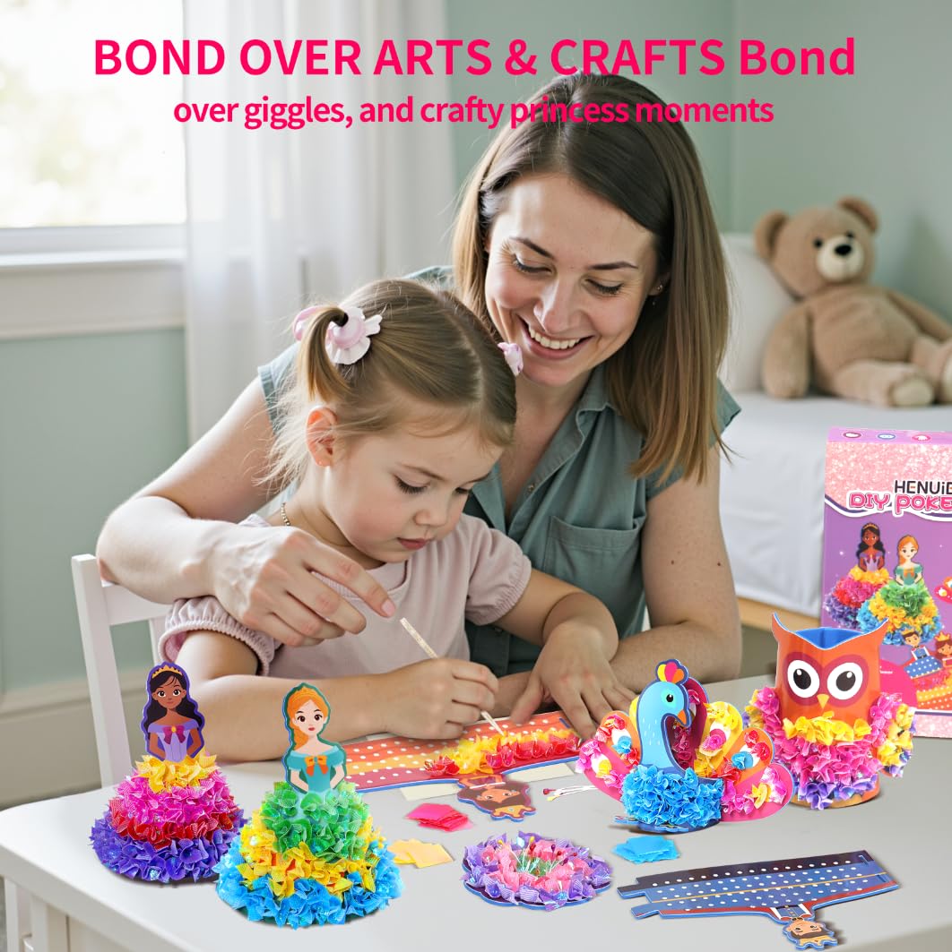 HENUIE DIY Poke Kits Art Craft Activity for Girls Ages 4-8, Mess-Free Fun Princess Set Dress-up, Creative Activity Birthday Gifts for Kids Ages 4 5 6 7 8+ HENUIE