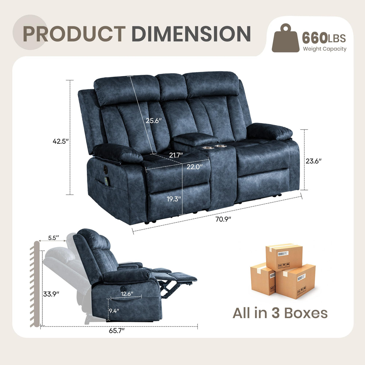 PALLOME Power Reclining Loveseat with Heat & Massage, Dual Recliner Sofa with Console, Cup Holders, USB & Type-C Ports, 2 Seater Electric Reclining Couch for Living Room, RV (Blue, 2 Seat) PALLOME