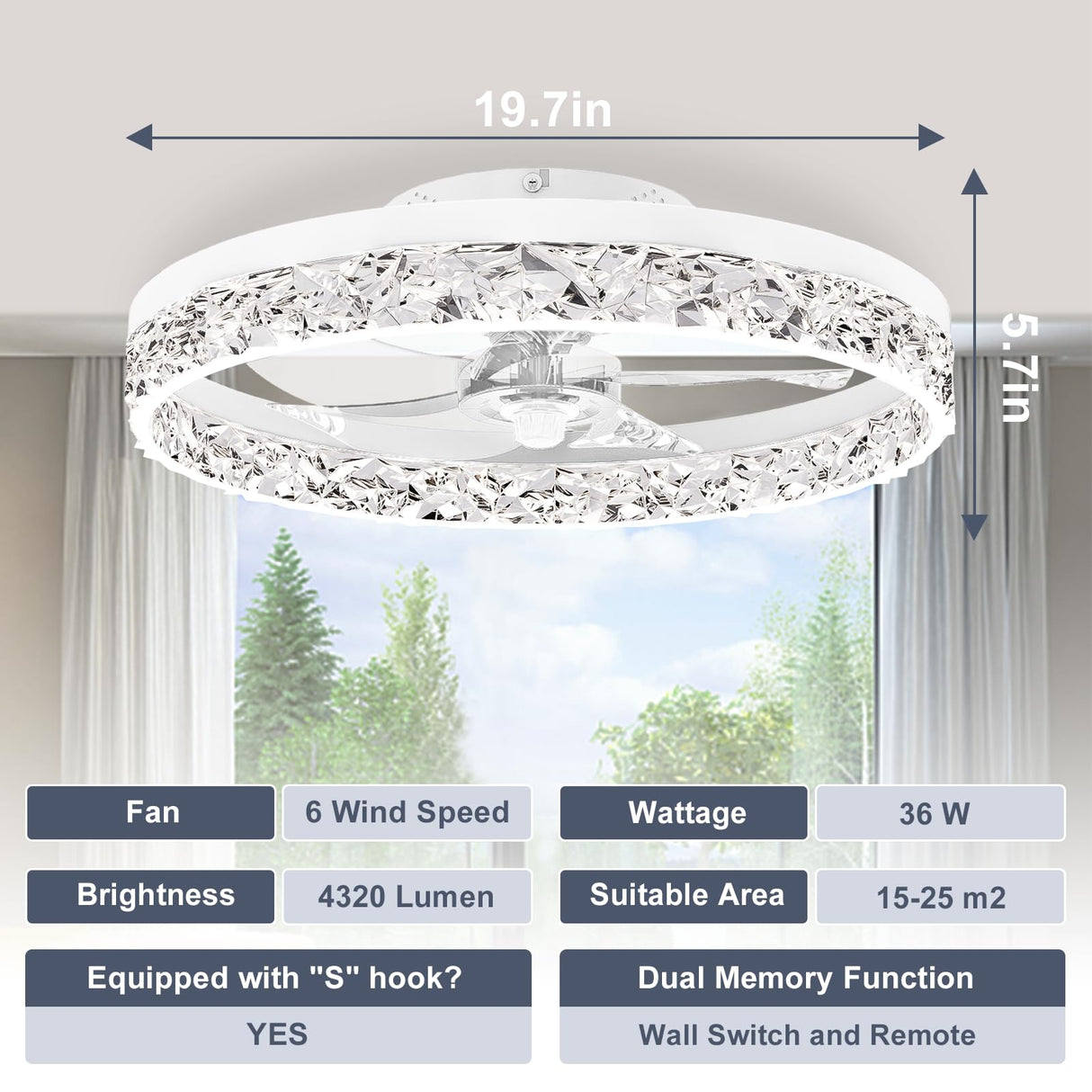 VOLISUN Modern Ceiling Fans with Lights and Remote, 19.7in Low Profile Ceiling Fan Flush Mount, 3000K-6500K Dimmable Bladeless LED Fan Light, White Fandelier Ceiling Fans with Lights for Bedroom VOLISUN