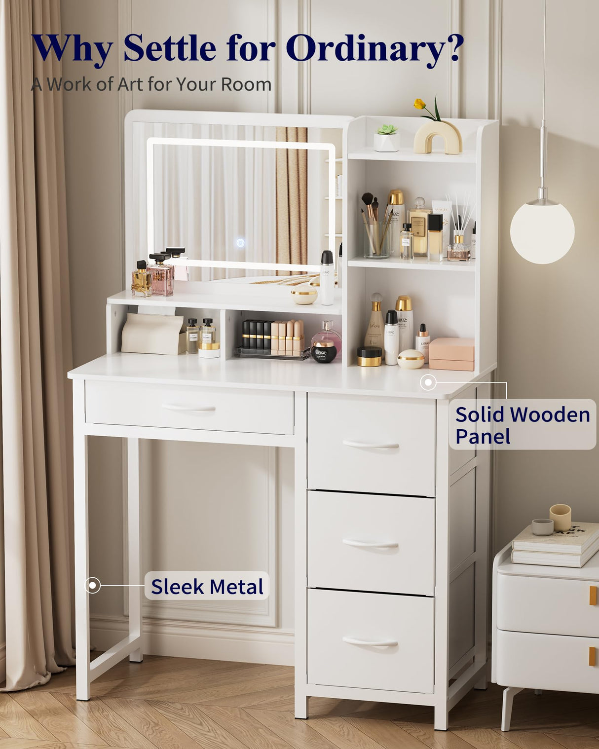 Kitsure Vanity Desk with Mirror and Lights - Large Capacity Makeup Vanity with 4 Fabric Storage Drawers & 3 Lighting Modes, Vanity Table Set with Sturdy Metal Frame for Bedroom, White, 35" x 17" x 52" Kitsure