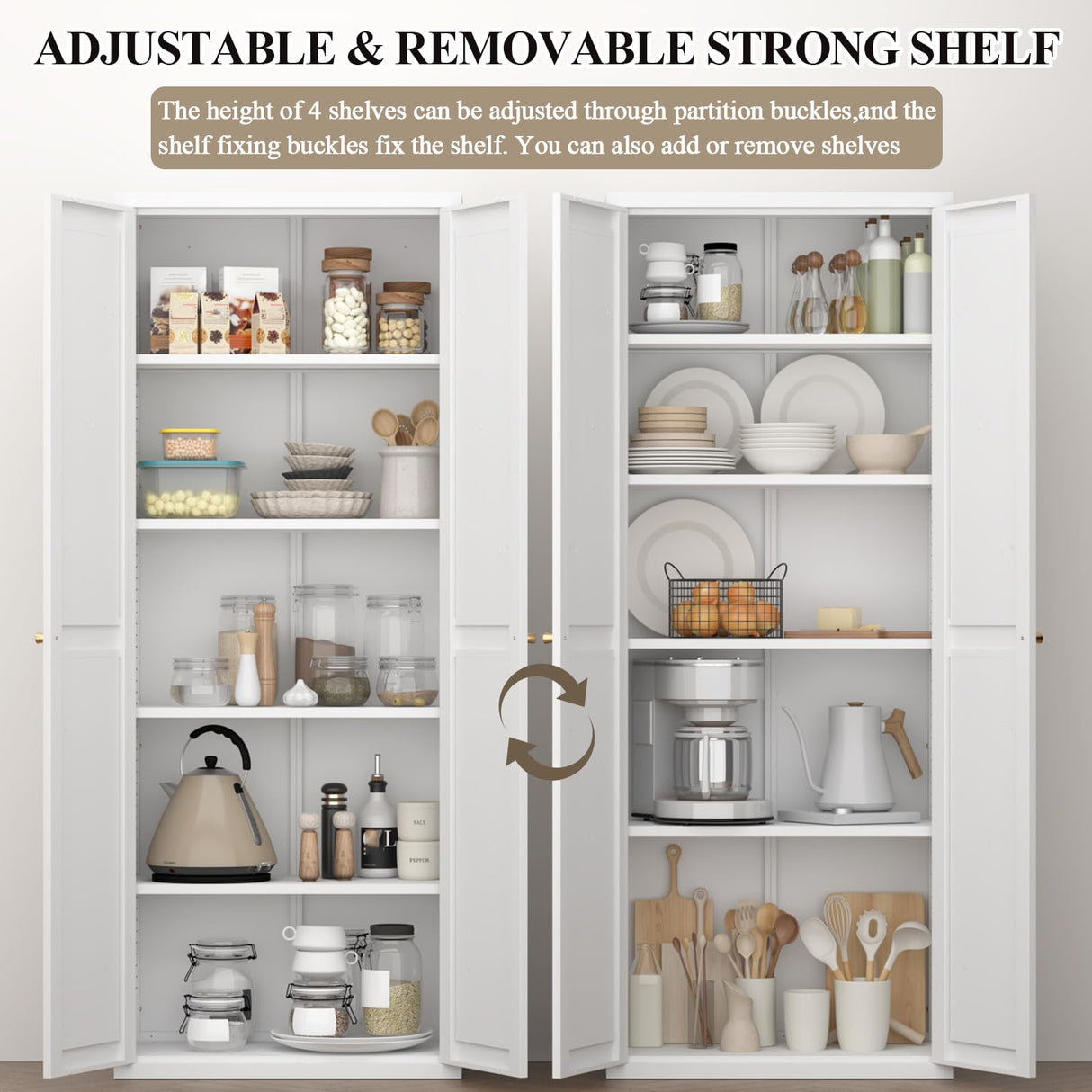 FATIGOS 71" H Kitchen Pantry Storage Cabinet, Metal Food Pantry Cabinets with Doors and Adjustable Shelves, White Kitchen Storage Cabinet, Cupboard for Dining Room, Living Room and Bathroom FATIGOS