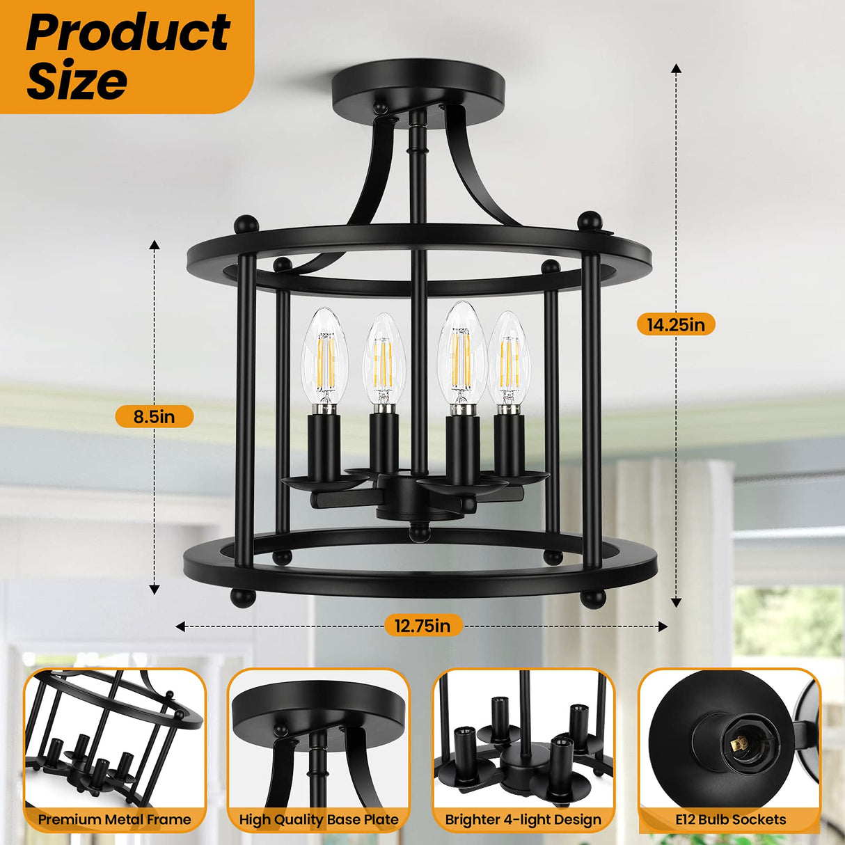 Farmhouse Semi Flush Mount Ceiling Light Fixture, 4-Light Industrial Ceiling Light w/ E12 Base Metal Rustic Vintage Chandelier Lighting for Kitchen Dining Room Hallway Entryway Foyer (Matte Black) Bosceos