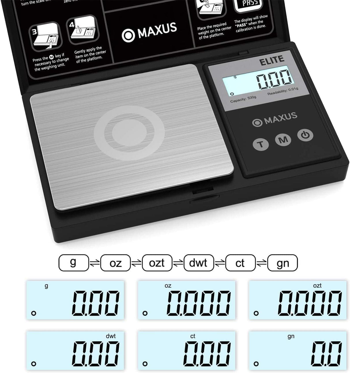 MAXUS Digital Pocket Gram Scale 500g x 0.01g High Precision with Tray, Weighs Small Food, Jewelry, Ounces, Grains, LCD Display, Tare Function MAXUS