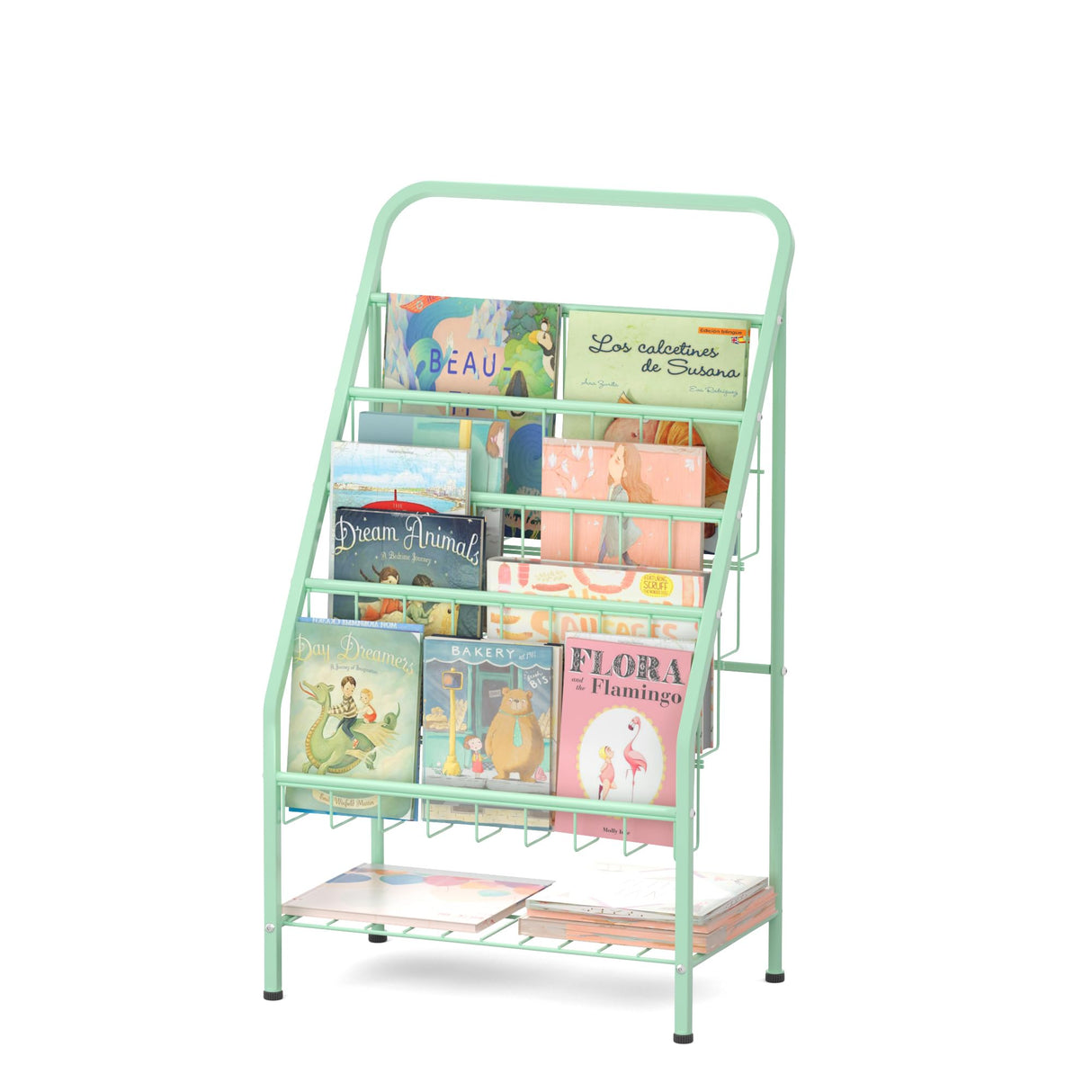 JAQ Kid Bookshelf, 4-Tier Metal Sling Kids Display Bookshelves Bookcase with Toy Storage in Baby Corner Library Room Classroom Playroom for Toddlers Nursery Children (4-tier/28.35inch, Green) JAQ