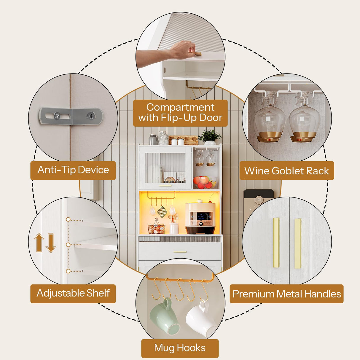 HOOBRO Pantry Cabinet, 67" Kitchen Pantry Storage Cabinet with LED Lights and Charging Station, Modern Hutch Cabinet with Microwave Stand, Cup and Goblet Holders, Shelves for Kitchen, White HOOBRO