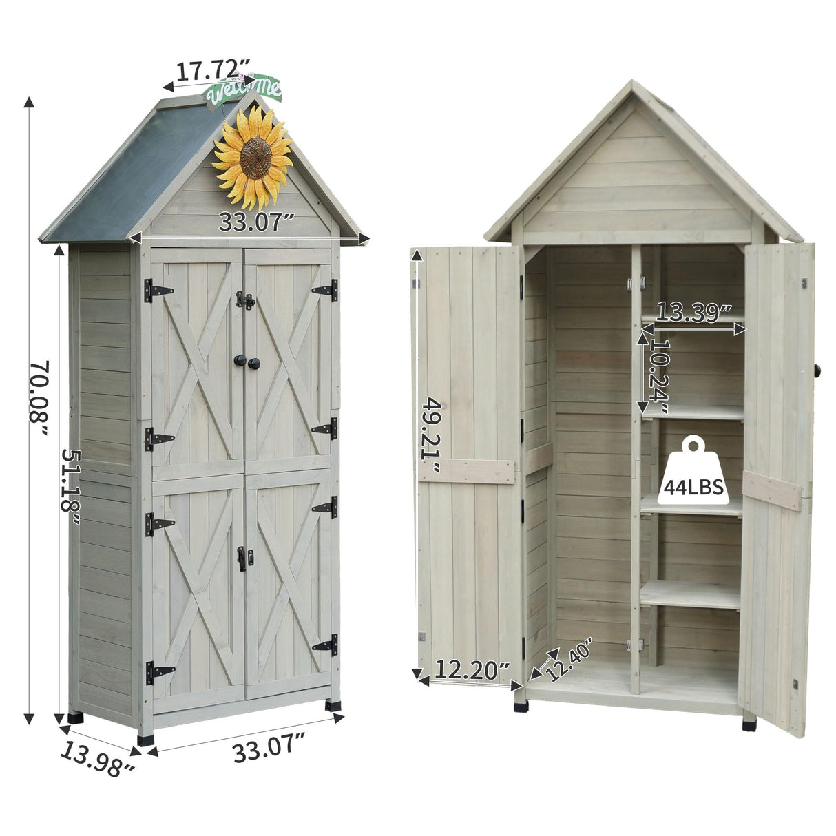 FTCBNet Outdoor Storage Cabinet with Sloping Waterproof Galvanized Sheet Roof 70" Wooden Garden Shed Lockable Tool Cabinet with 4 Removeable Shelves for Patio Backyard Lawn Yard (Gray) FTCBNet