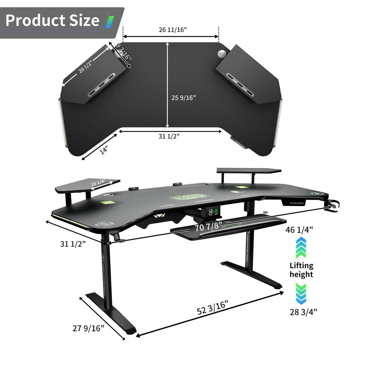 Klobel 72" Standing Gaming Desk with Dual Motor, Wing-Shaped Computer Desk with Full Coverage Mouse Pad, Electric Height Adjustable Standing Desk with RGB LED Lights and Slot Design Shelves Klobel