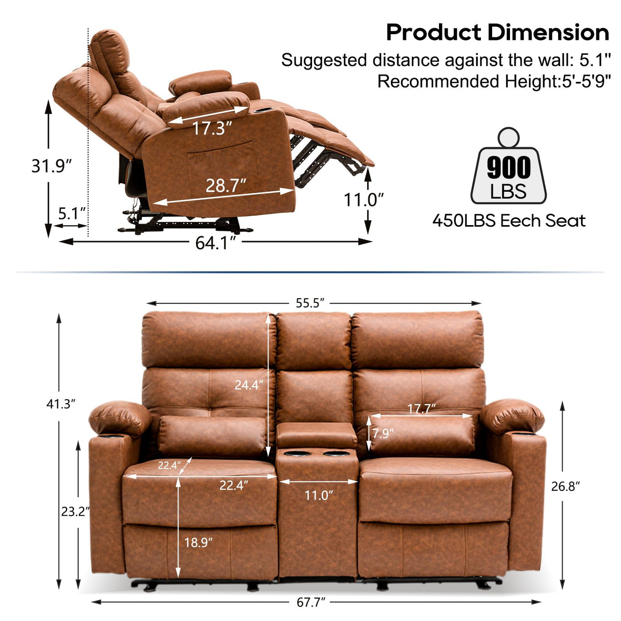 RIHEREFY 68'' RV Loveseat Recliner Sofa| RV Power Reclining Loveseat with Console & Cup Holder | RV Double Recliner Sofa | RV Theater Seating Loveseat(PU, Brown) RIHEREFY