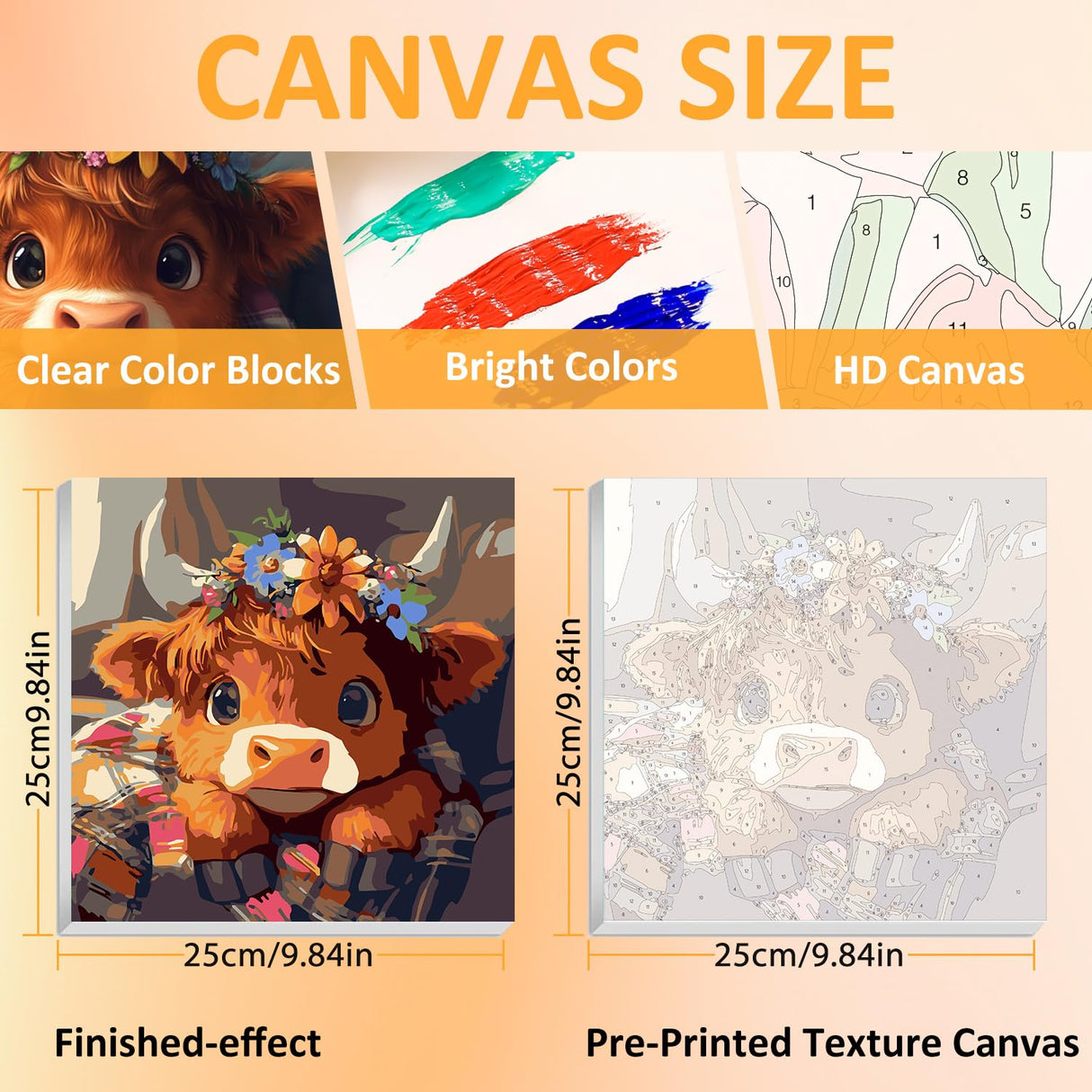 Paint by Numbers for Adult with Frame, Cow Paint by Numbers Kit for Adults Beginners, DIY Cow Acrylic Painting on Canvas for Home Wall Art Decor 9.8x9.8 Inch (with Frame Easel) Mandun